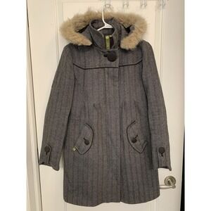 Soïa & Kyo Herringbone Wool Blend Coat Natural American Coyote Fur Hood Small